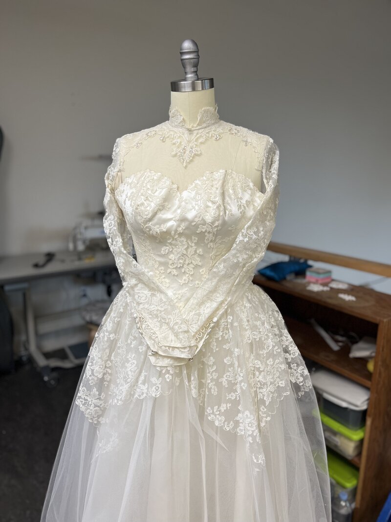 Trisha's Grandma's vintage wedding gown from 1957, ready for heirloom restyling into a new bridal veil