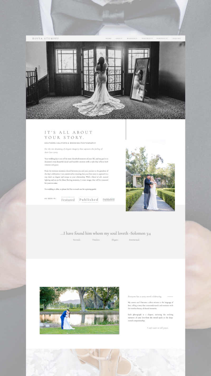 Refined about page design for Divya Stumpff Photography featuring warm-toned portraits and personal storytelling
