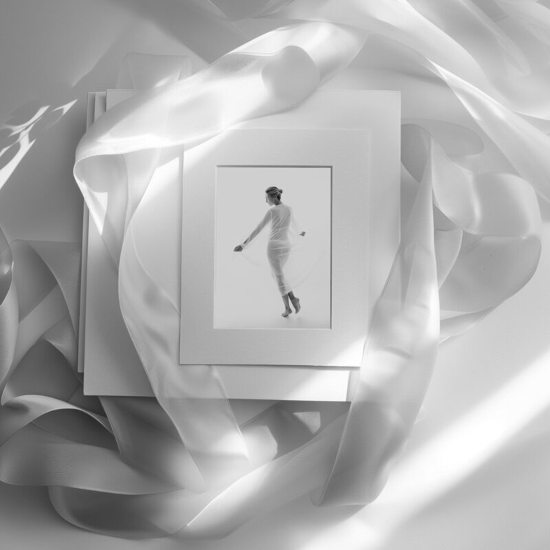 Printed matted full body boudoir photo in while translucent dress, with white background, decorated with white stripes