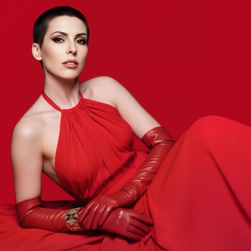 Jasmina Kimova reclines in a dramatic red gown with gloves, styled like a cinematic icon, reflecting elegance, storytelling, and artistic leadership.