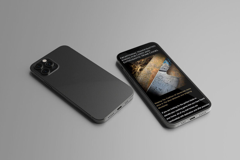 A mobile phone showcasing a custom website design for handcrafted knives, featuring a rustic knife image and bold text promoting exceptional, handcrafted culinary tools for chefs and home cooks.