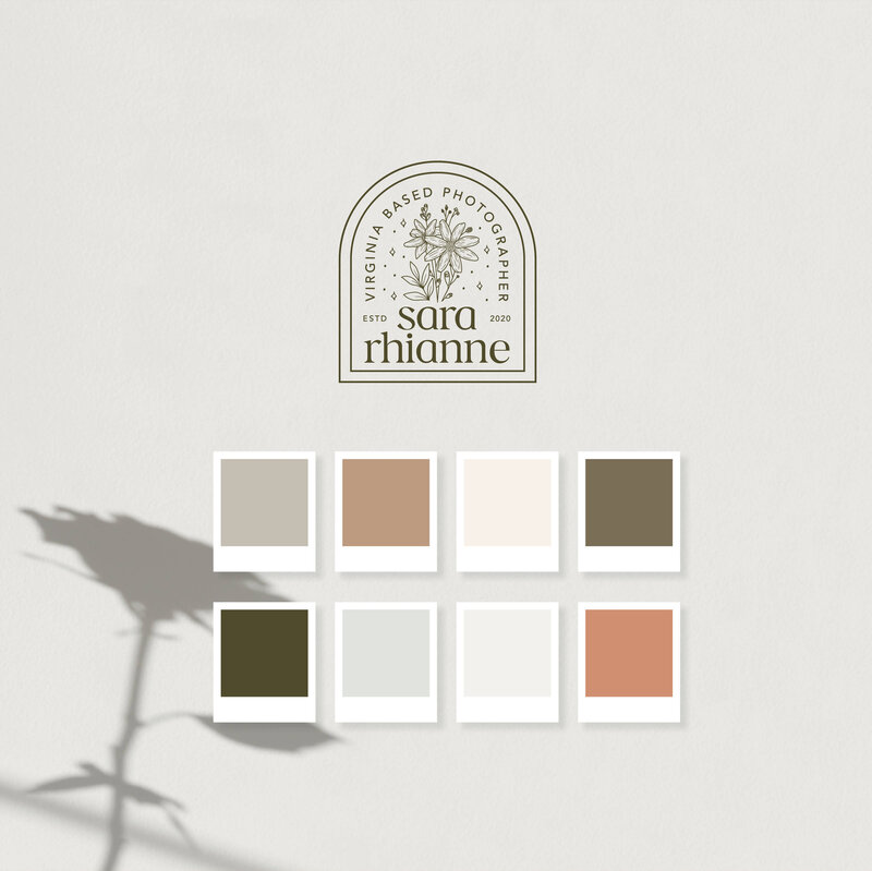 Logo design for wedding photographer with color swatches on neutral background