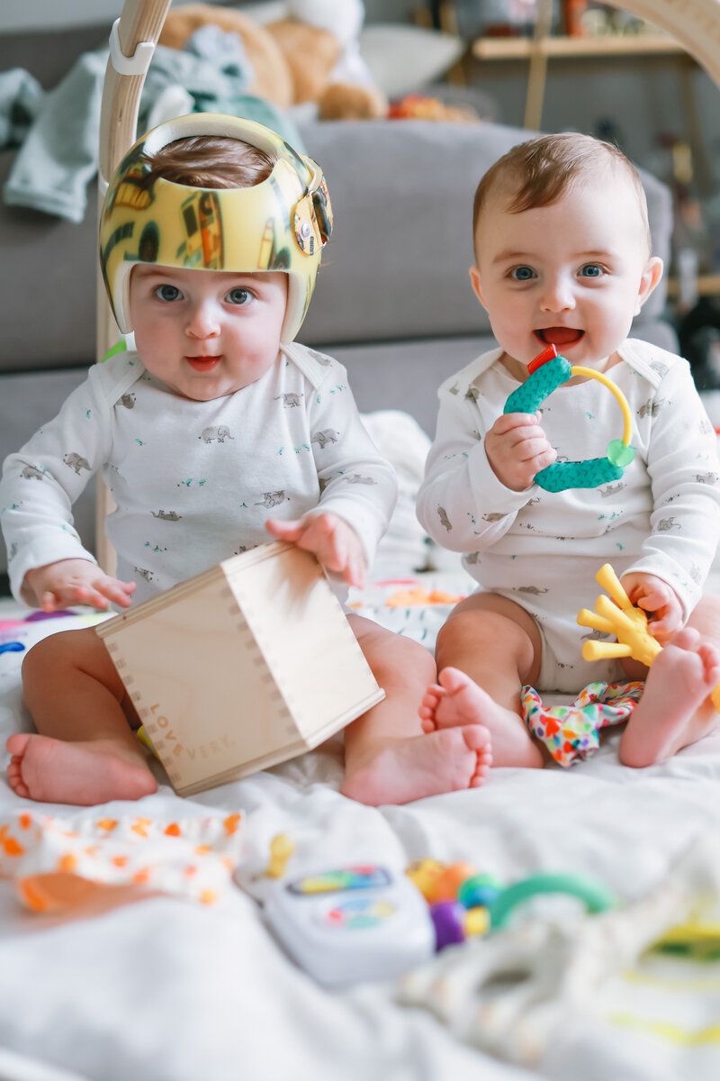 Twin Baby Boys Playing with Lovevery Toys