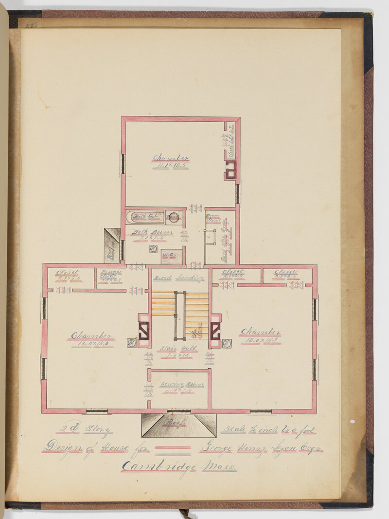 Colored architectural drawing of 2nd story design of house for Cambridge Massachusetts, this an antique print