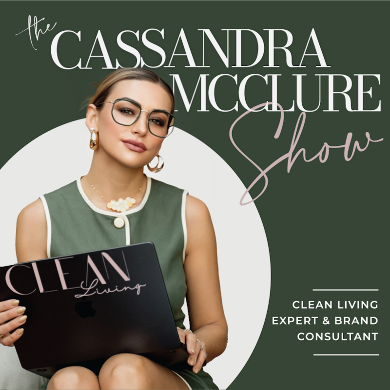Clean beauty Podcast cover, Cassandra in bath with flower petals and words "Clean Beauty Show"