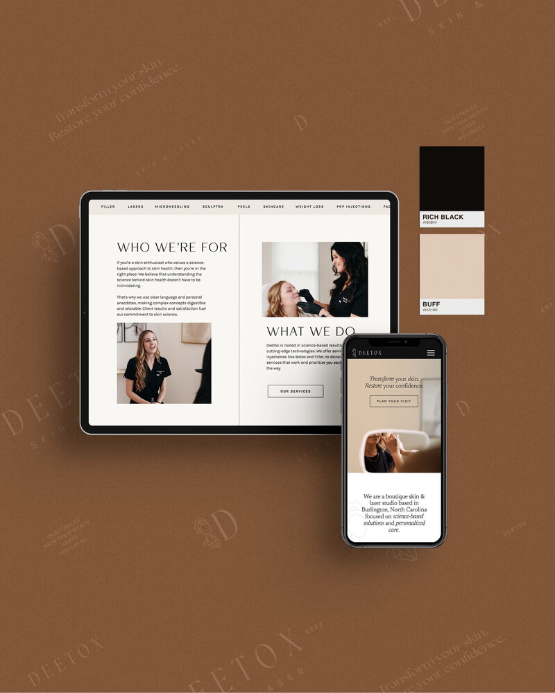 Hero image showcasing curated digital content created for a med spa client, including social media posts, branded graphics, and website mockups. Set against a clean, modern backdrop with soft neutral tones, emphasizing luxury, professionalism, and results-driven design for aesthetic businesses.