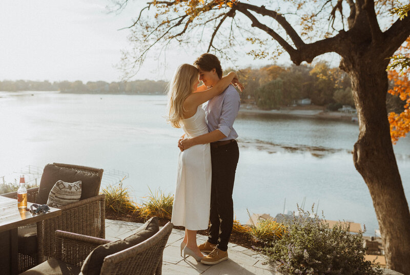 An intimate backyard dress rehearsal with close friends and family.  The bridge and room sneak away from the party to slow dance near the lake and watch the sunset together.