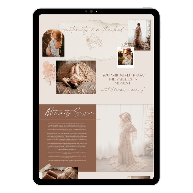 An advertisement for a maternity photo session featuring a collage of pregnancy and motherhood images displayed on a tablet.