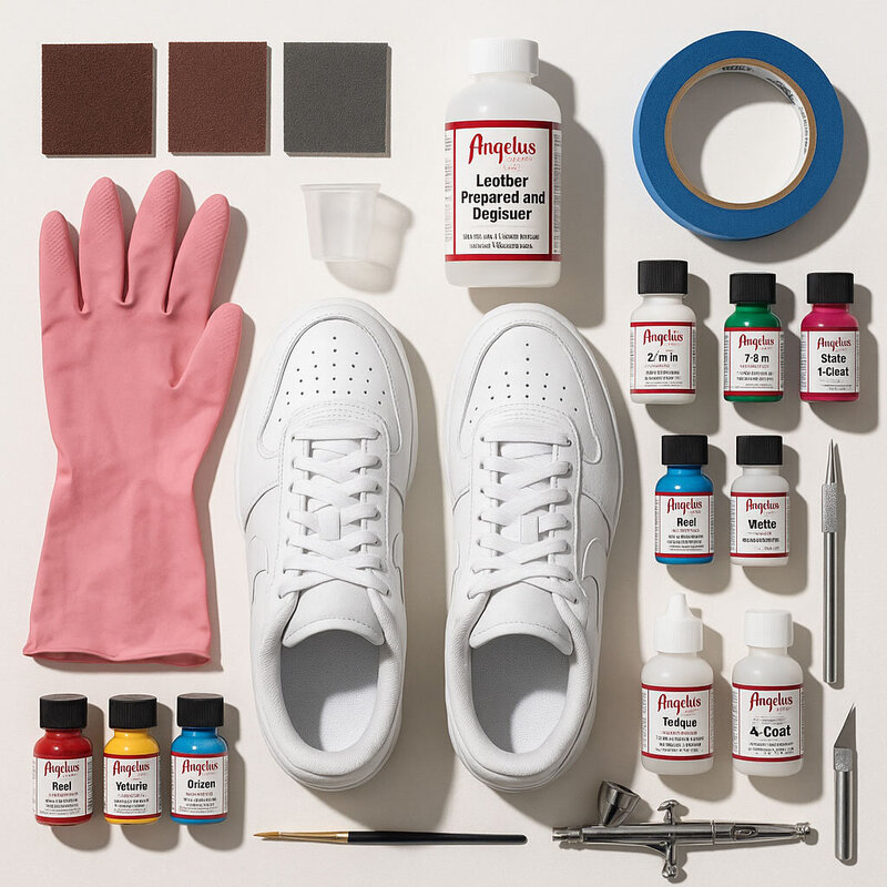 Flat lay of supplies used for prep work before customizing sneakers