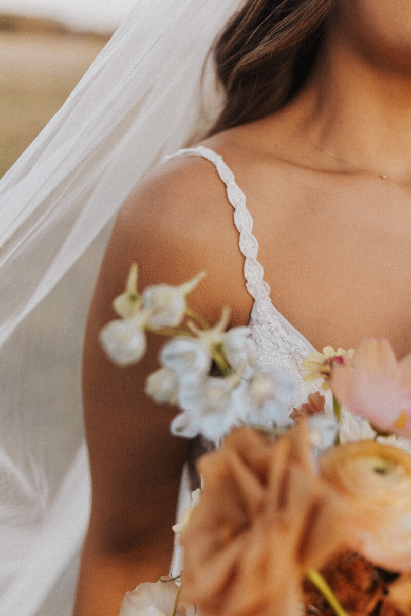 close up of bride's wedding dress dress and veil