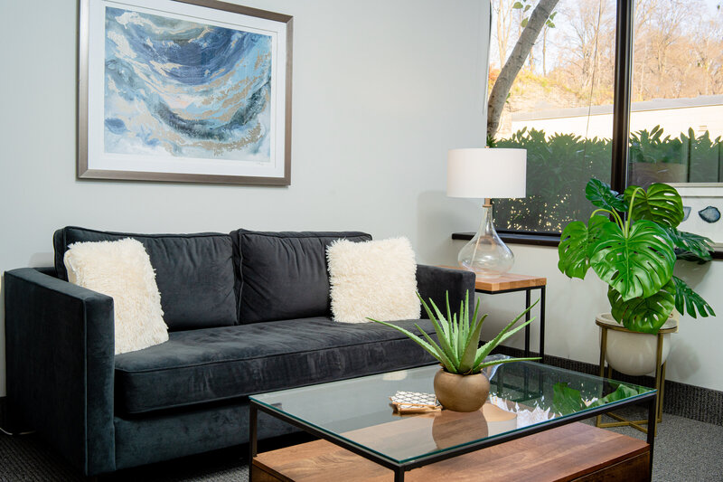 A warm and inviting therapy office,, with large windows, a comfortable couch and plants.