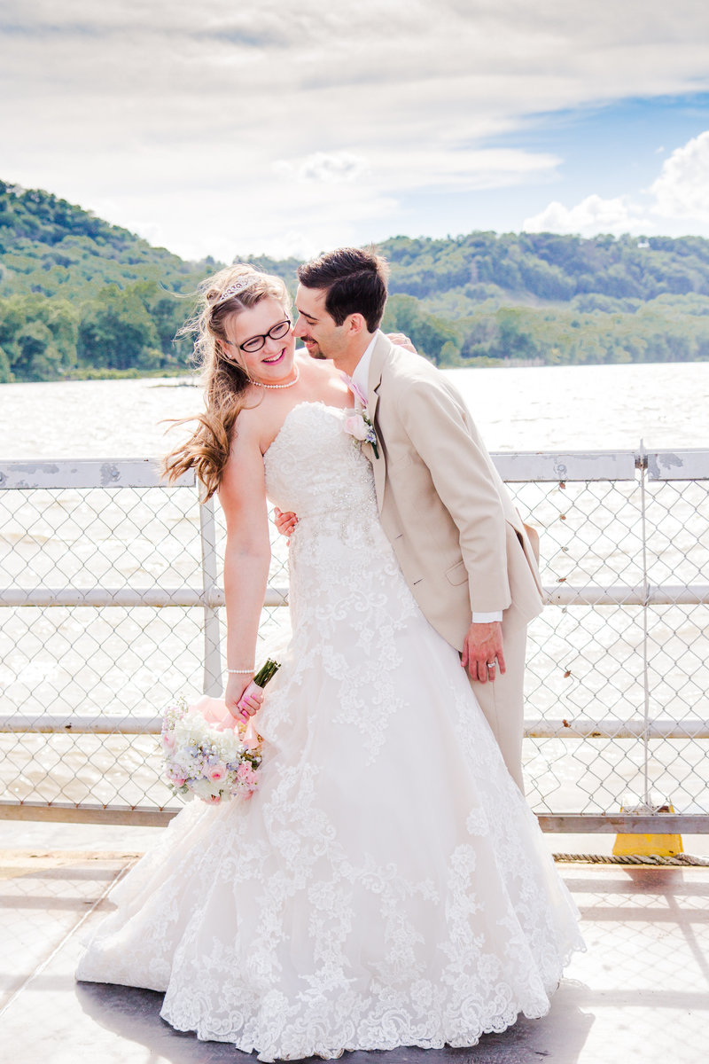 Anderson Ferry bride and groom portrait by Cincinnati Wedding Photographers of Off the Film Photography create a fun and stress free experience.  We are located in Cincinnati Ohio.