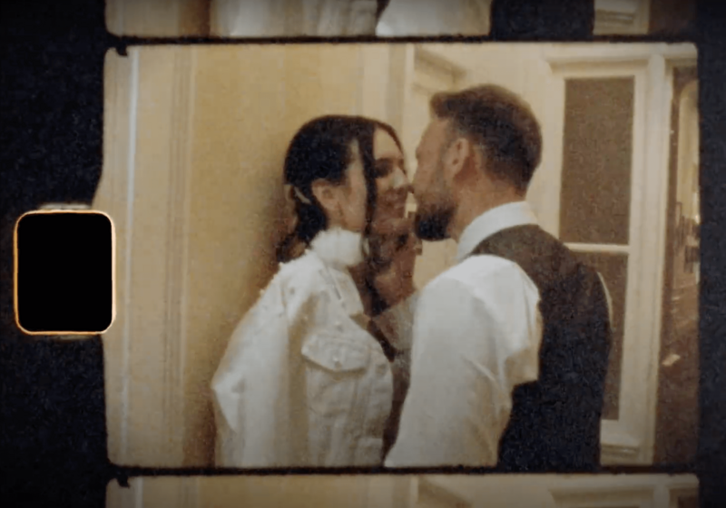 Super 8 wedding film of a bride and groom nearly kissing in Scotland