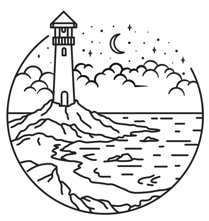 Lighthouse Graphic with water  and clouds  in a circle