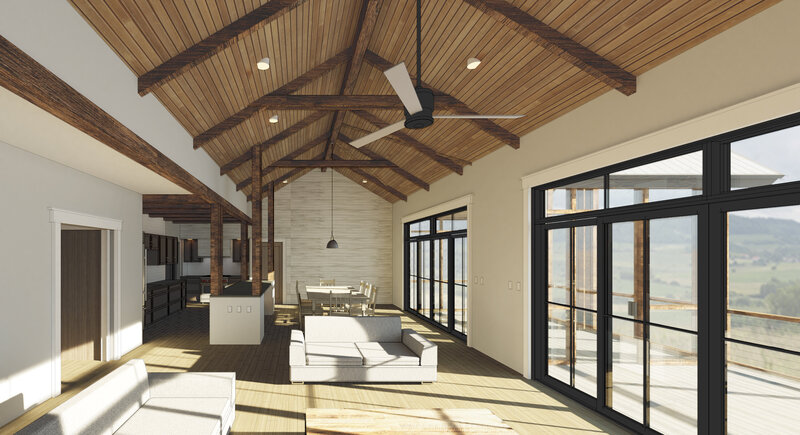 Modern open-plan living and dining area showcases thoughtful process architecture design, with exposed wooden beams, high ceilings, large black-framed windows, neutral-colored sofas, a long dining table, and abundant natural light.