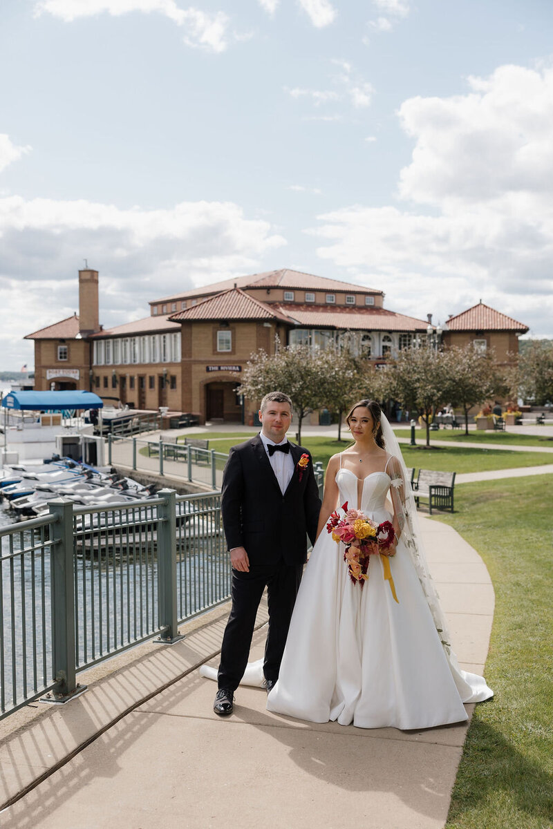 Couple portraits in front of a Milwaukee wedding venue