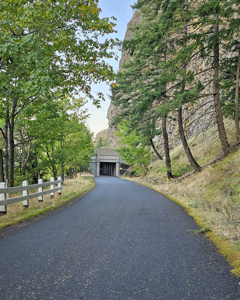 Step back in time and journey through the historic Columbia River Highway Tunnel entrance in Mosier with The Gorge E-Bike Adventure Rentals