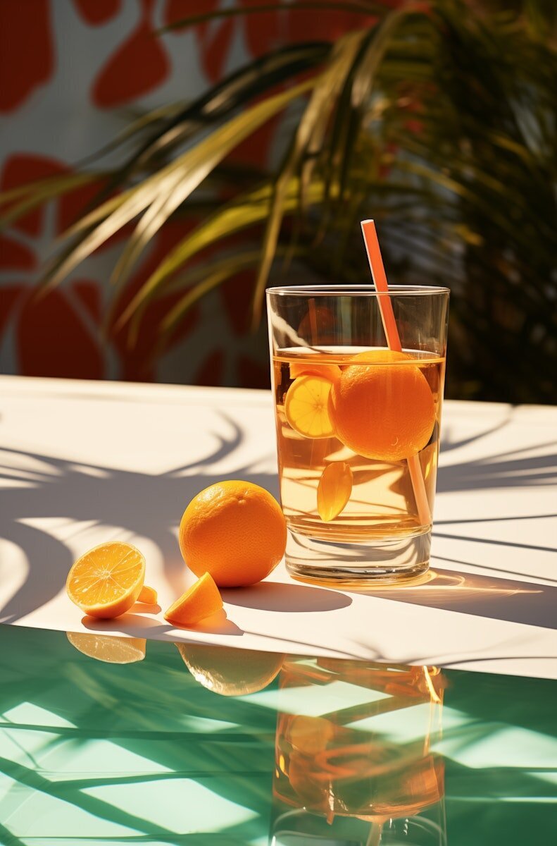 glass with orange straw and orange slices in the sun