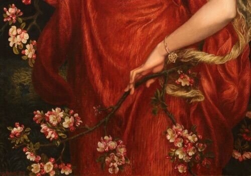 painting of hand touching branch with flowers