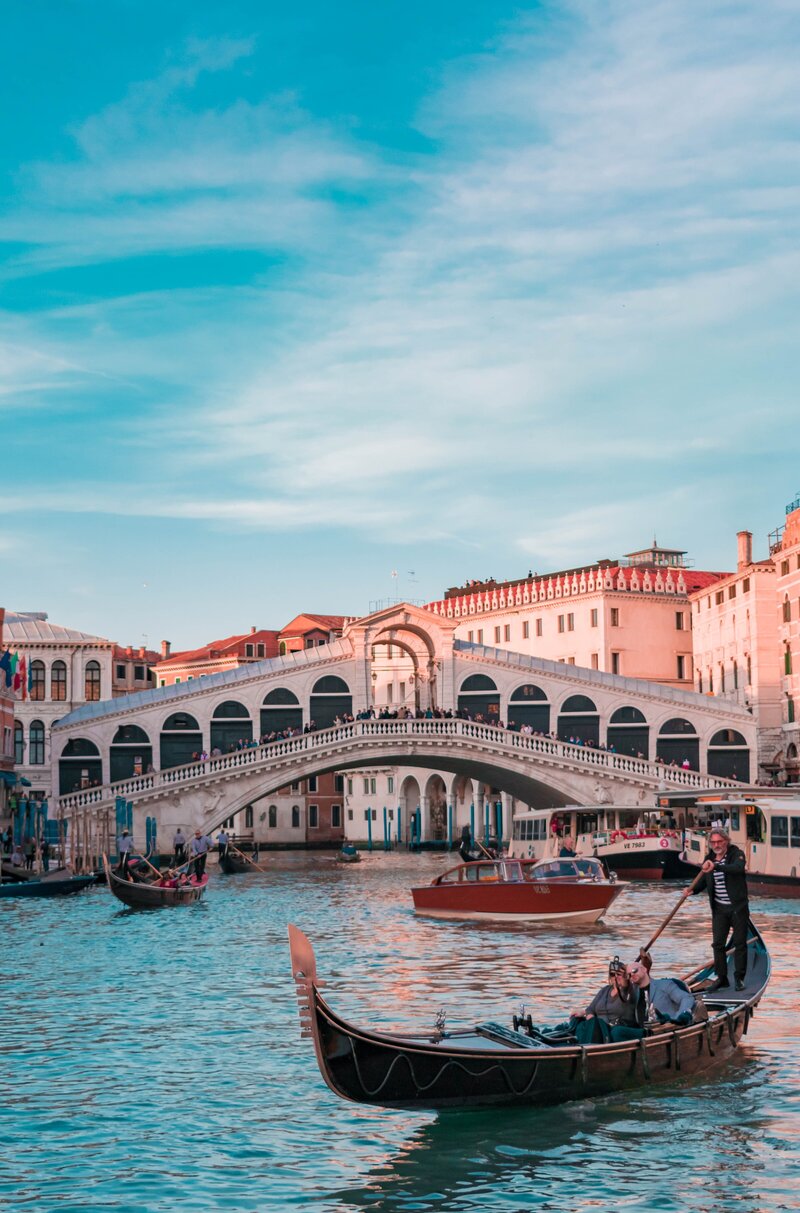 Gondolas on a canal in Venice, Italy