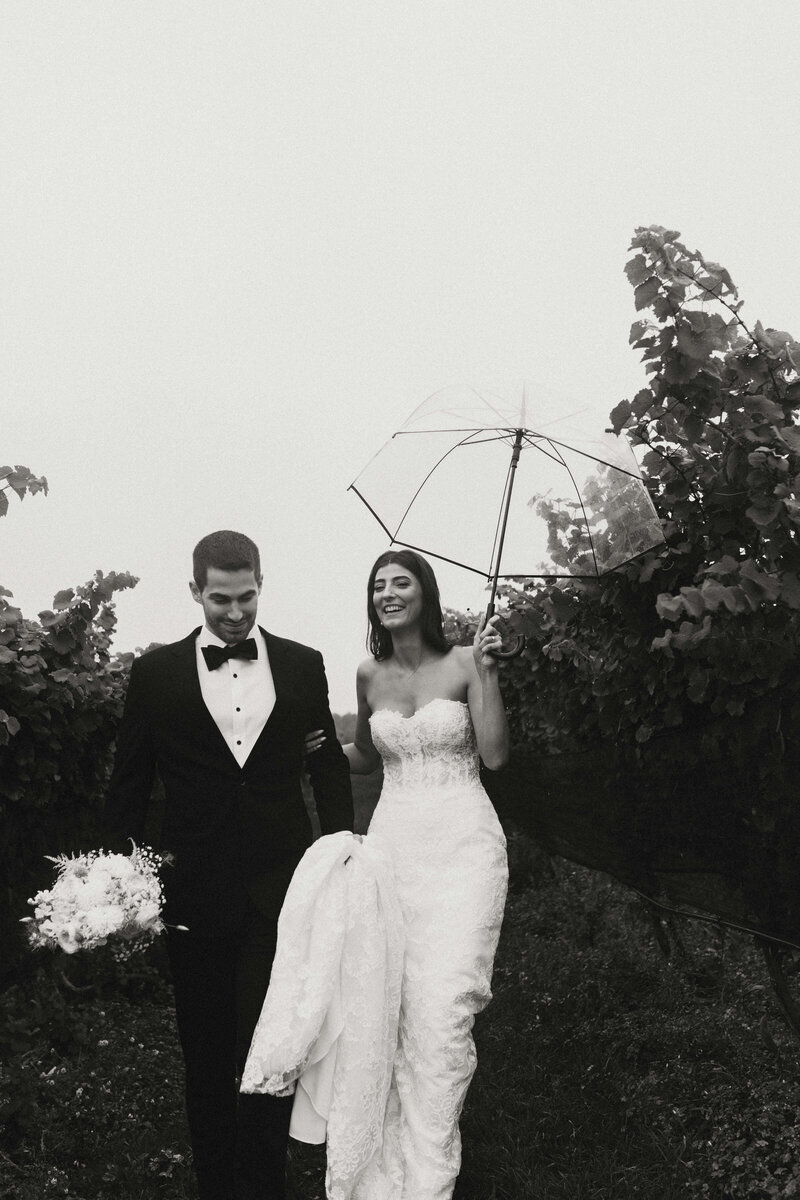 Bride and groom in  between vines at brengman brothers winery in traverse city, mi with umbrella
