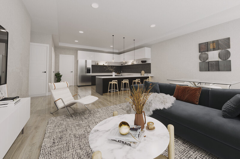 Living forefront left, dining right, kitchen background right wall