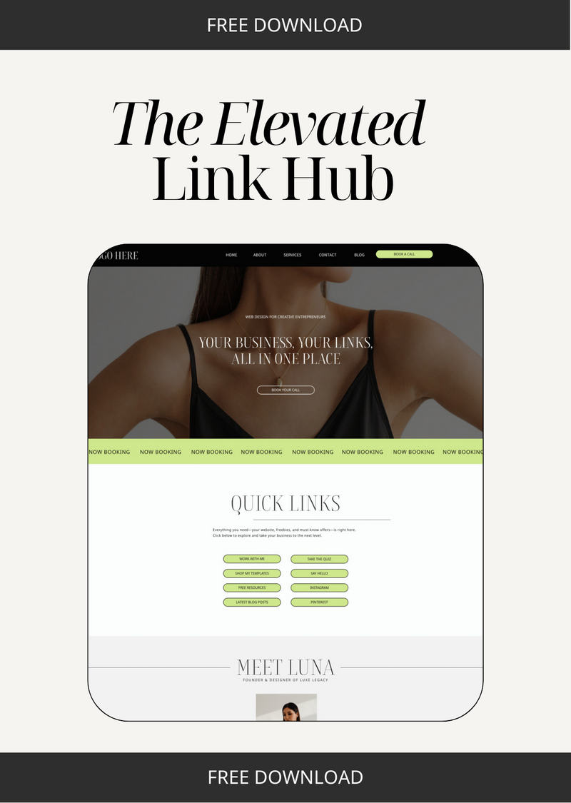 Mockup of the Elevated Link Hub, a free Showit link-in-bio template designed to make your brand look sleek, stylish, and professional.