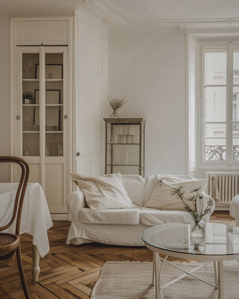 All whites living room with white slipcovered sofa glass coffee table, sisal rug and glass bookshelf in background along with large picture windows that open