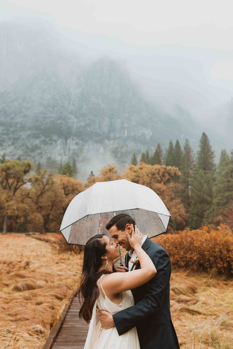 Bride and groom kissing under umbrella in Yosemite Valley