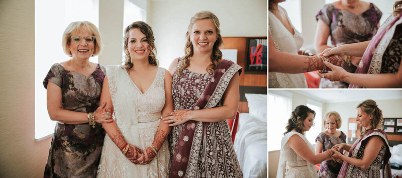 Bride, mom, and sister posing for portraits.