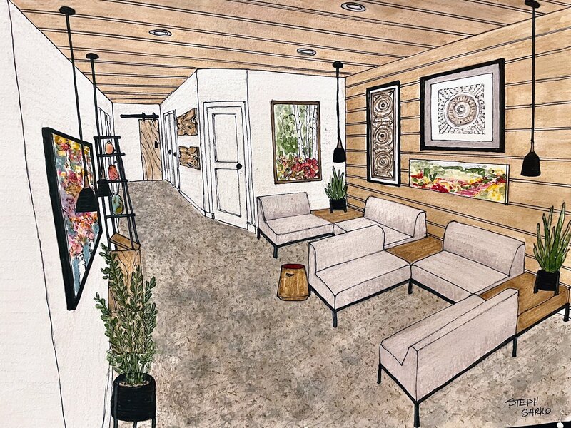 Design sketch of Synergy Clinic waiting area, designed by Liberty Lake interior design firm Sarro Design.