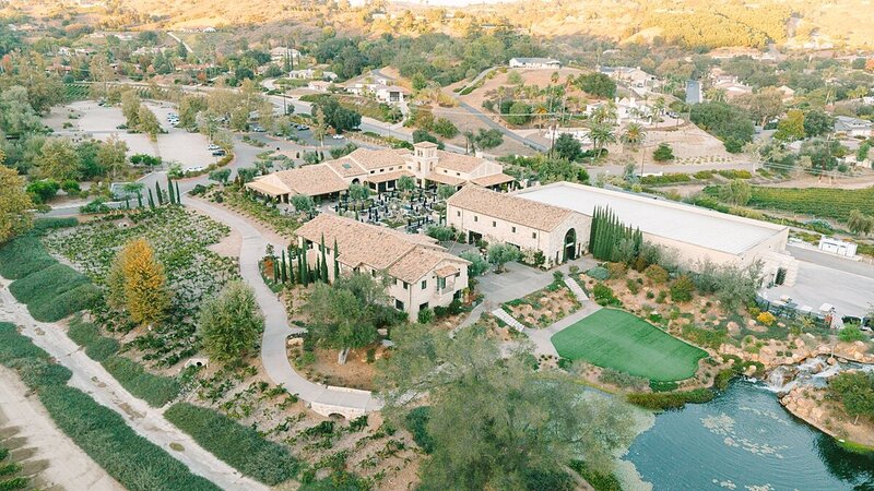 Drone shot of Monserate Winery's Tuscan Estate in Fallbrook.