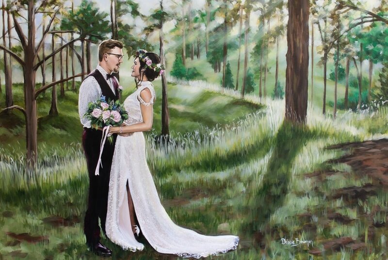 A wedding painting that showcases a couple in a well lit forest