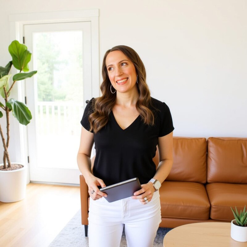 Stacey from Xanthe Bookkeeping smiling in a modern white family room, wearing a black V-neck t-shirt and white jeans, holding a thin black notebook.