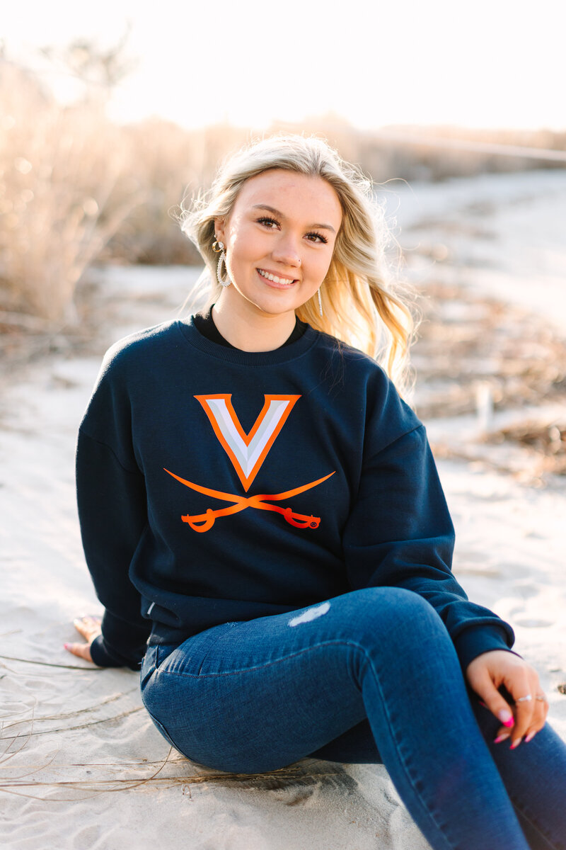 Yorktown Beach Senior Photos with college apparel by Rachael Reid Photography