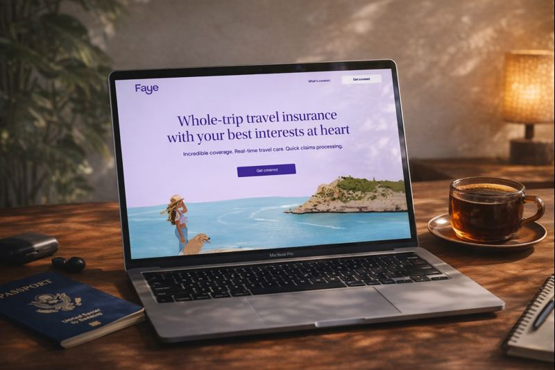 Faye travel protection displayed on laptop