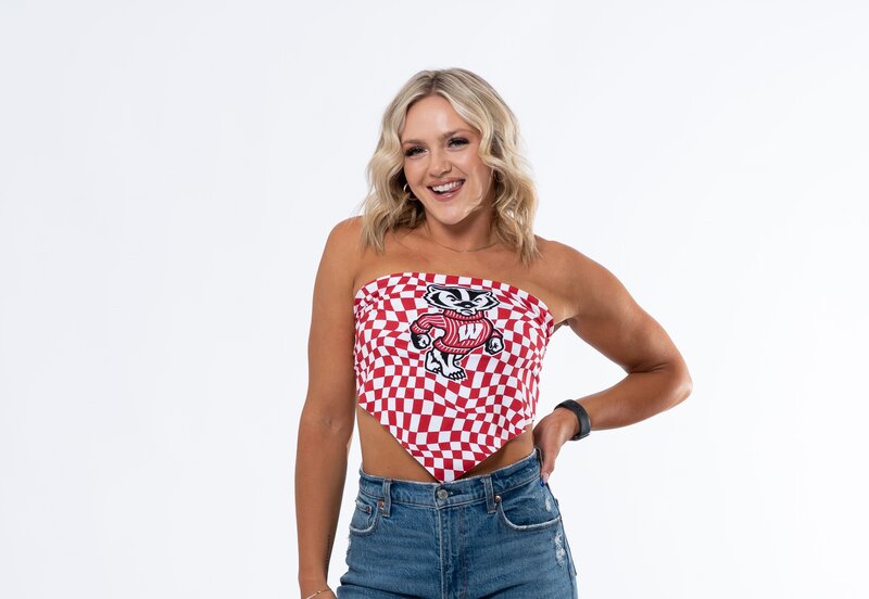 checkered bandeau top with college mascot ties in the back