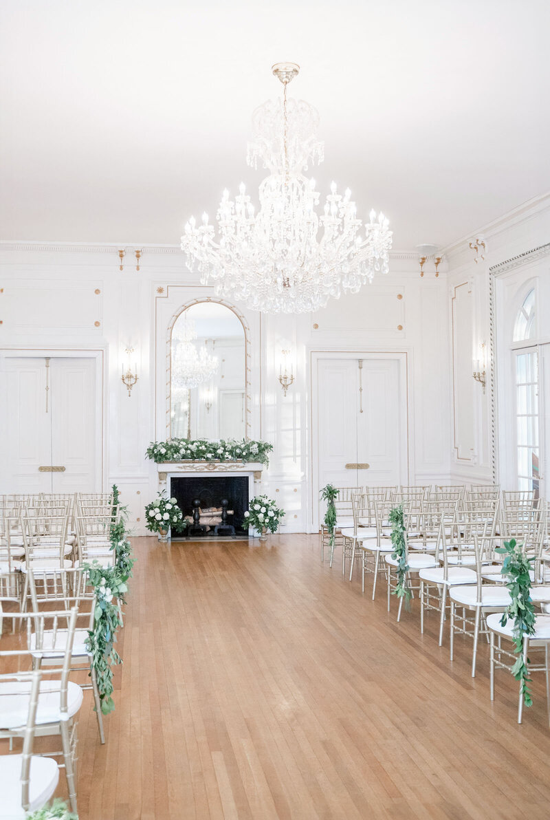 A ceremony site in the grand ballrooom at Tupper Manor