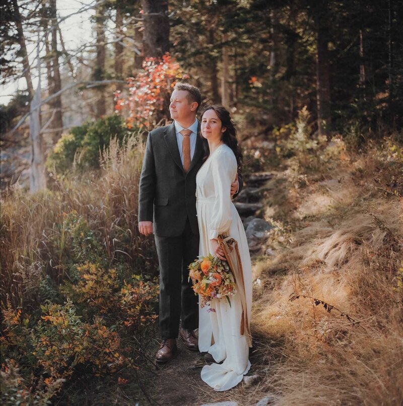 A bride and groom on their wedding day in Maine's Acadia National Park