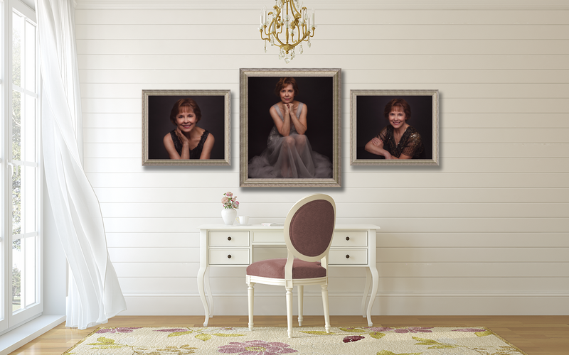 room with 3 portraits of a happy elderly woman
