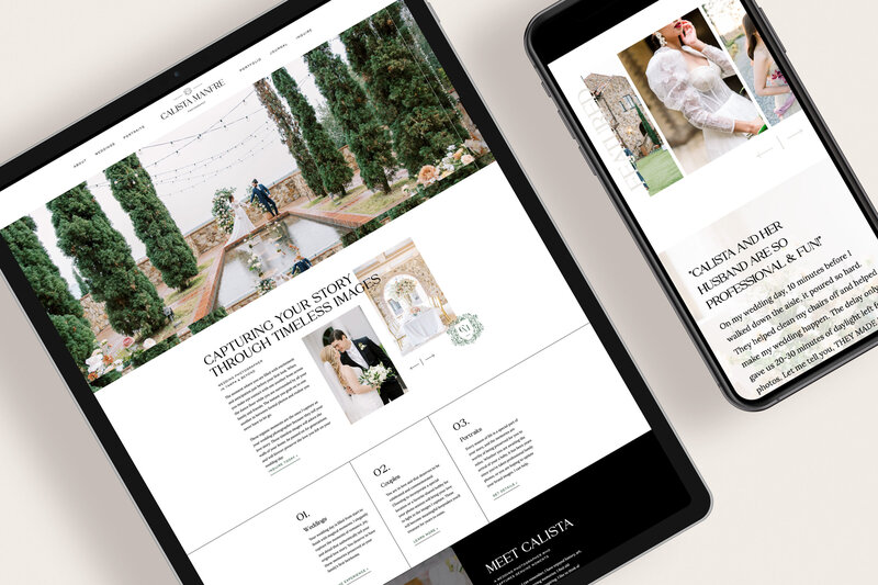 a mockup showing a bold black and white website for a photographer