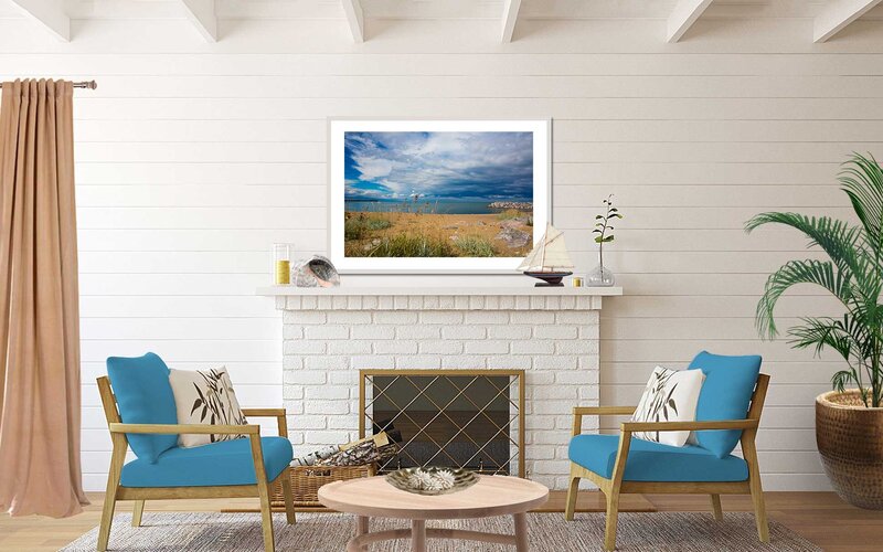 lake house, lake cottage, coastal, living room,  fireplace mantle decor, nautical, art print