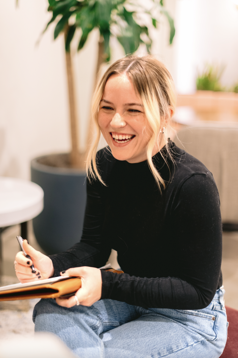 Therapist sitting on the couch talking