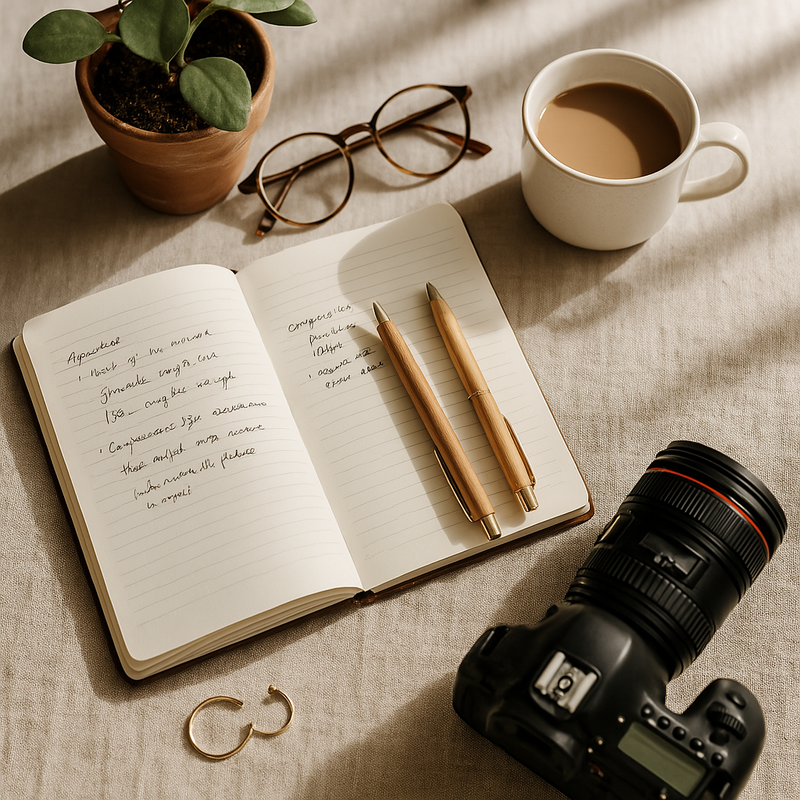 Flat lay of creative tools including notebook, coffee, and camera used by a Minneapolis photographer to inspire business and personal growth