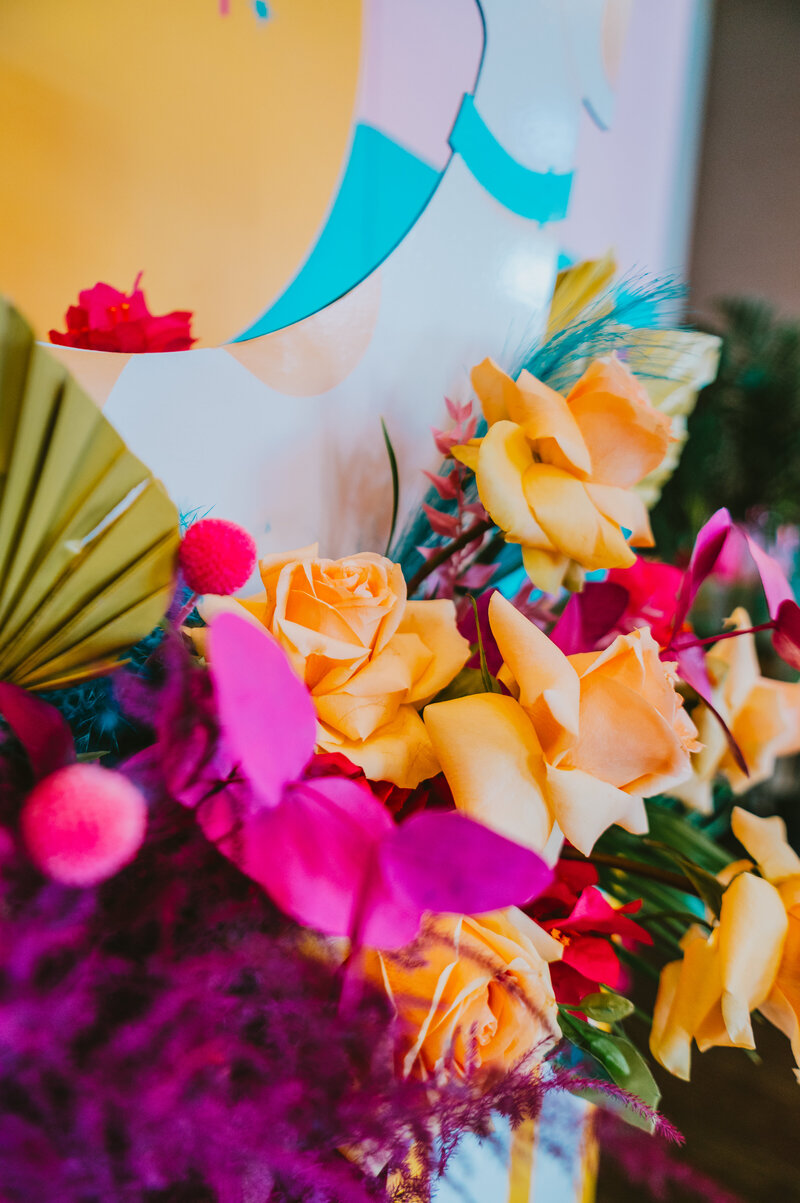 Close-up of colorful floral installation captured at a high-end corporate event in Phoenix, Arizona, by MISGIF event photographers.