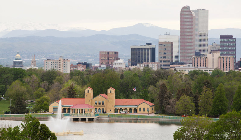 Denver City Skyline with Mountains in the Background from The Denver Museum of Nature and Science Wedding Venue