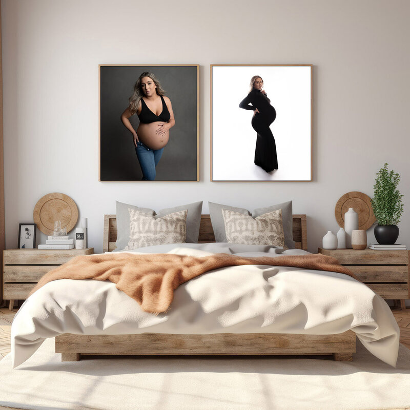 2 fine art maternity images hand on a wall above a bed