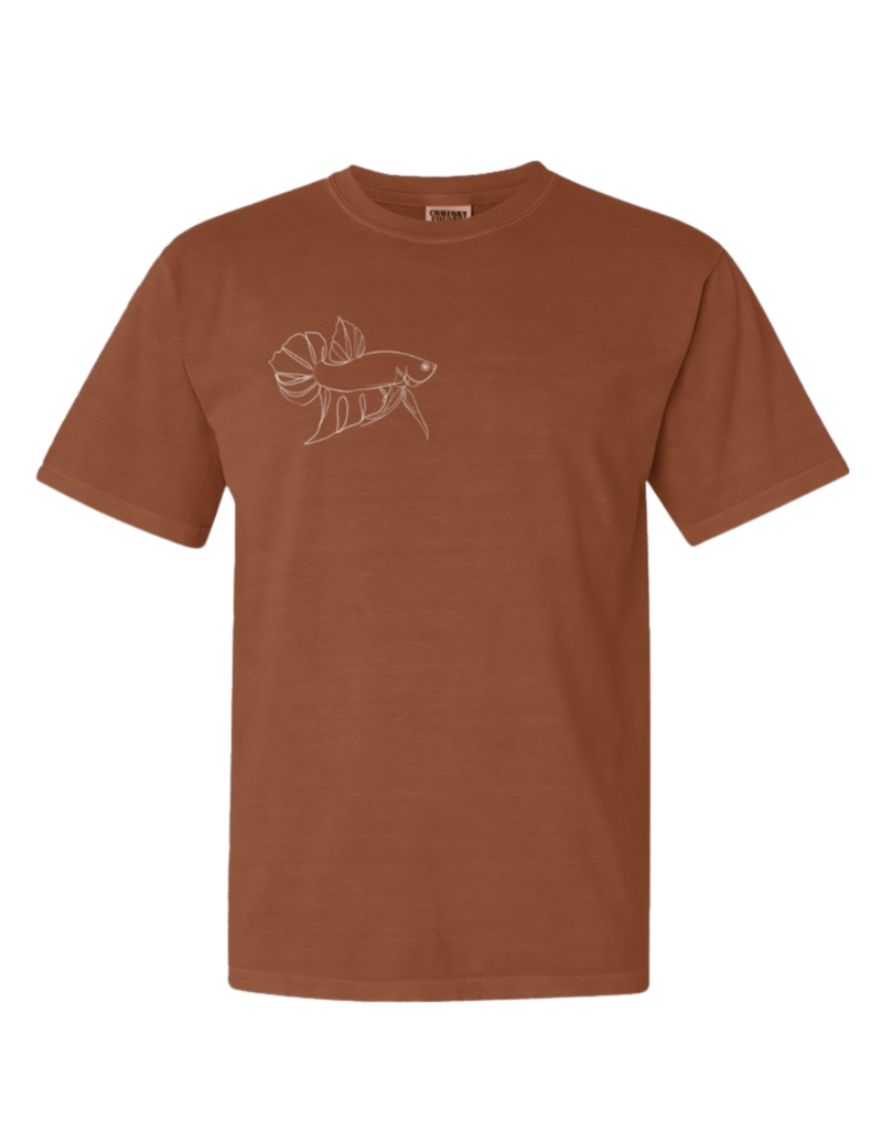 photo of a tee shirt with a minimalistic betta fish design