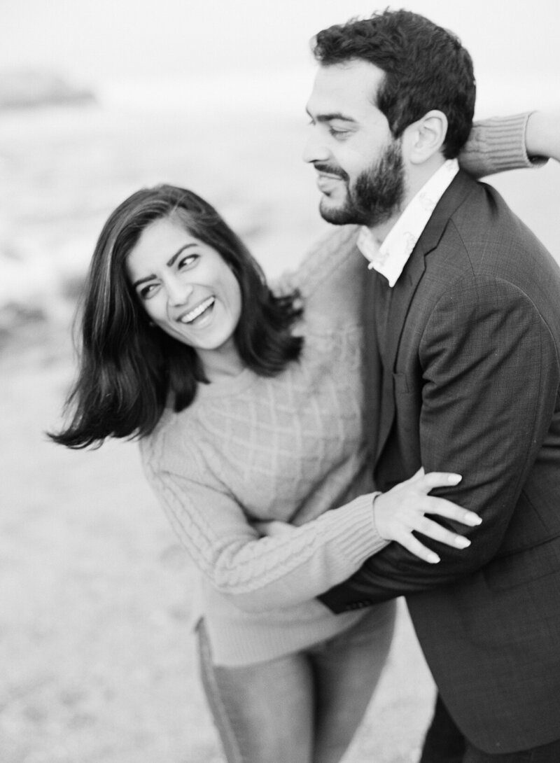 black and white image, Pebble beach engagement photography