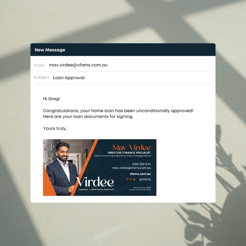 Email Signature Mockup for Virdee Finance and Mortgage Services branding created by Leithal and Co